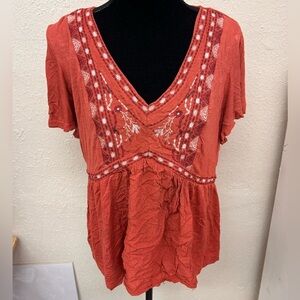 (3/$20) Ivy xl burnt orange embroidered vneck short sleeve blouse